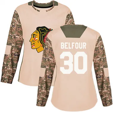 Black Women's ED Belfour Authentic Chicago Blackhawks Camo Veterans Day Practice Jersey