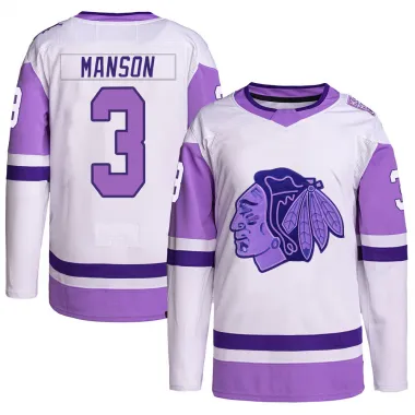 White/Purple Men's Dave Manson Authentic Chicago Blackhawks Hockey Fights Cancer Primegreen Jersey