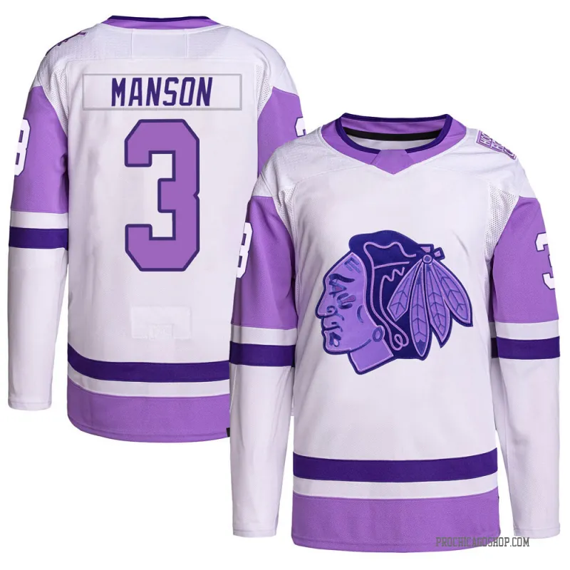 White/Purple Youth Dave Manson Authentic Chicago Blackhawks Hockey Fights Cancer Primegreen Jersey